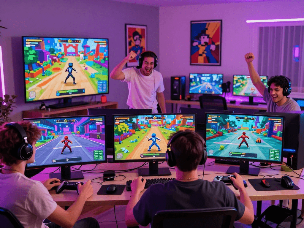 Play exciting gay porn game in a vibrant digital gaming scene with diverse characters and a competitive atmosphere.