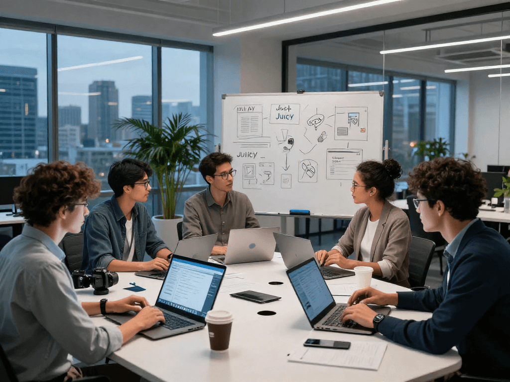 Developers discussing Juicy ai applications in a modern tech workspace.