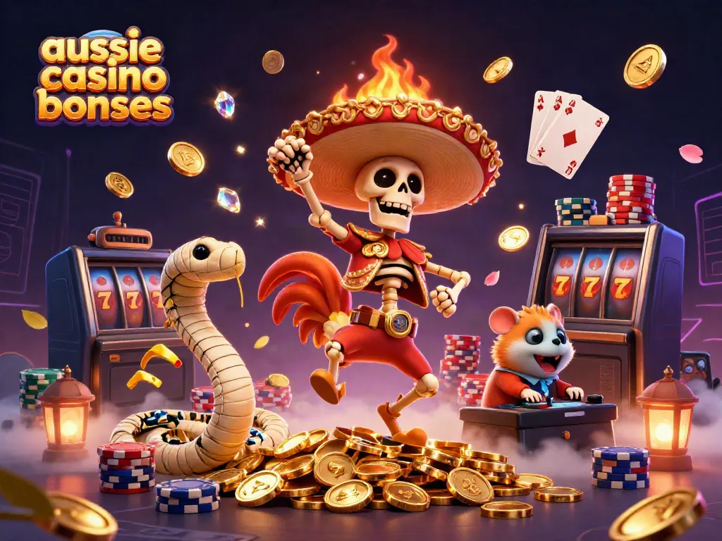 Aussie casino bonuses featured in a vibrant scene with a mariachi rooster celebrating wins.
