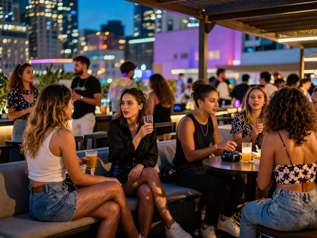 Engaging nightlife scene highlighting קוקסינליות in a vibrant urban lounge.