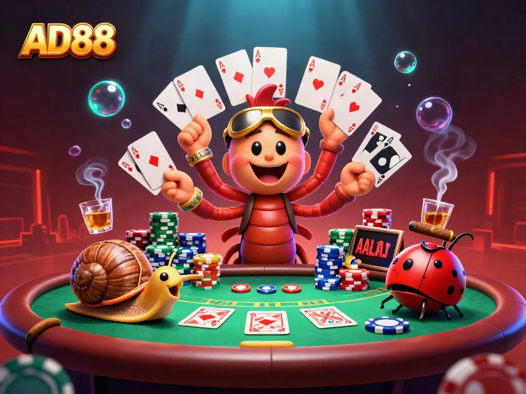 Explore the vibrant casino scene at AD88 with dynamic characters and poker excitement.
