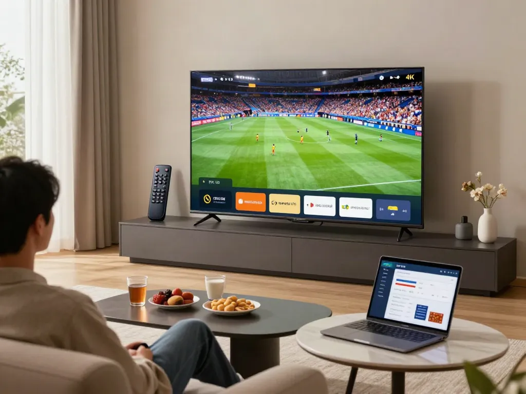 Engaging living room scene showcasing a person enjoying test IPTV on a large screen with snacks and devices around.