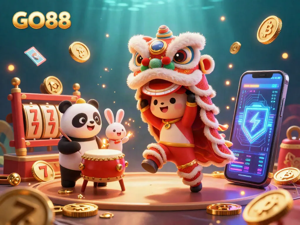 Experience thrilling gaming with GO88 in this vibrant scene featuring lively characters and casino elements.
