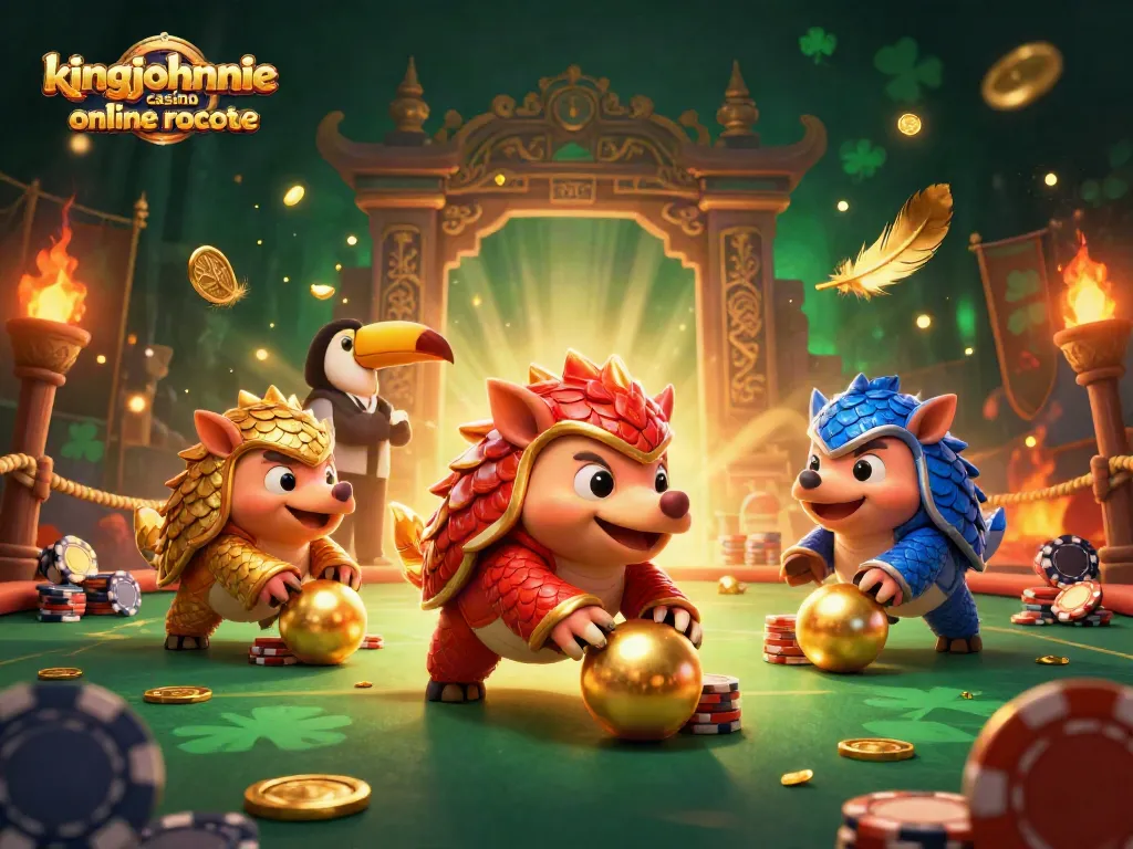 Engage in thrilling spins with kingjohnnie casino online roulette, featuring vibrant pangolins rolling poker chips.