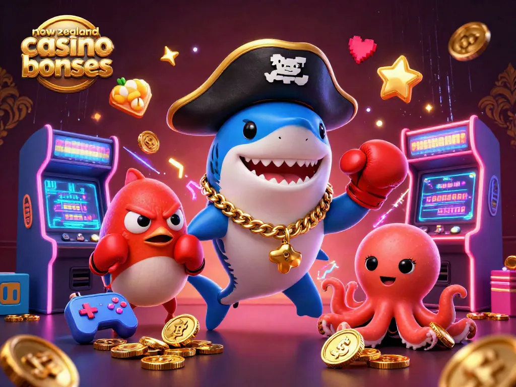 Engage with exciting new zealand casino bonuses through a vibrant 3D illustration featuring playful casino characters.