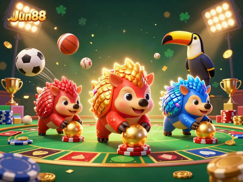 Experience Jun88 with energetic pangolins competing in a dynamic casino scene.