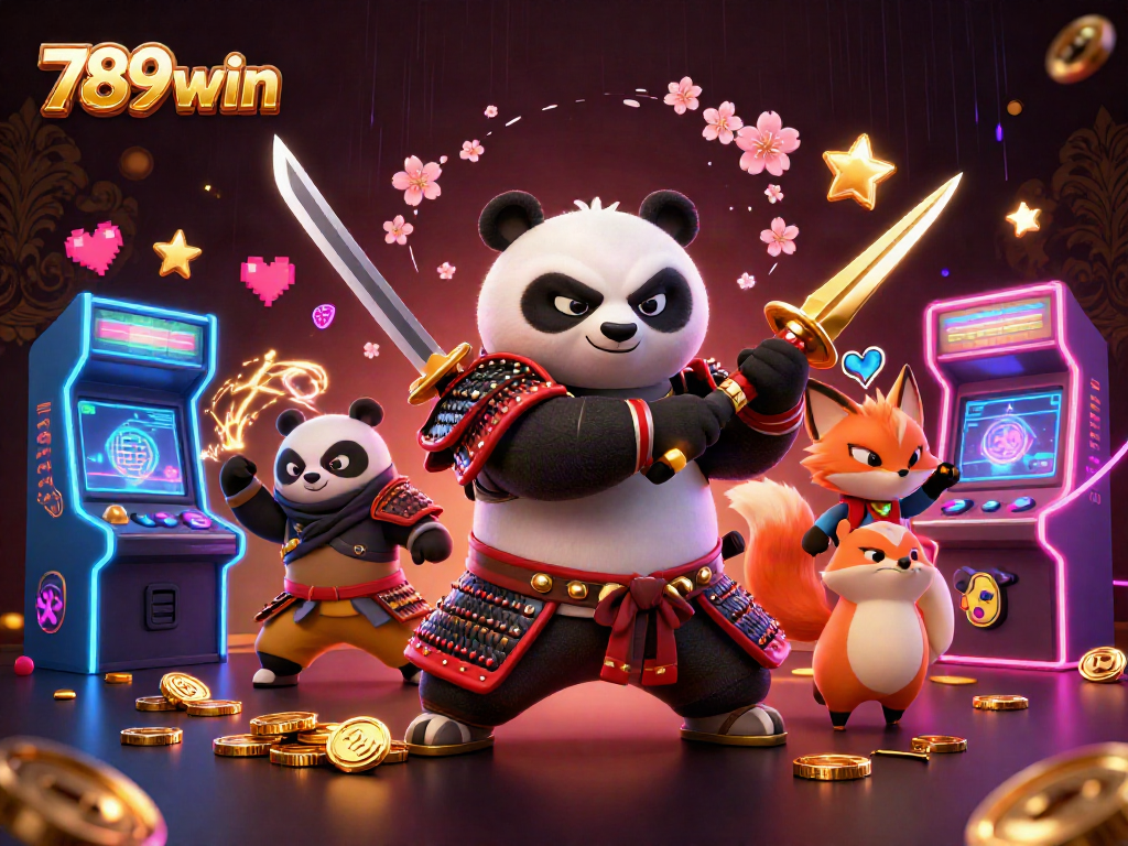 Engaging scene featuring 789win's samurai panda, ninja fox, and spirit tanuki amidst vibrant casino elements.