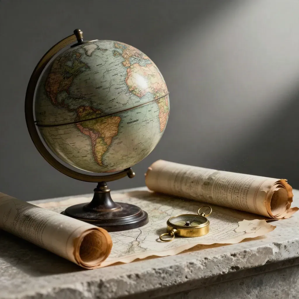 Globo antico, mappe d'archivio e bussola in ottone illuminati da luce radente dopo la pioggia.