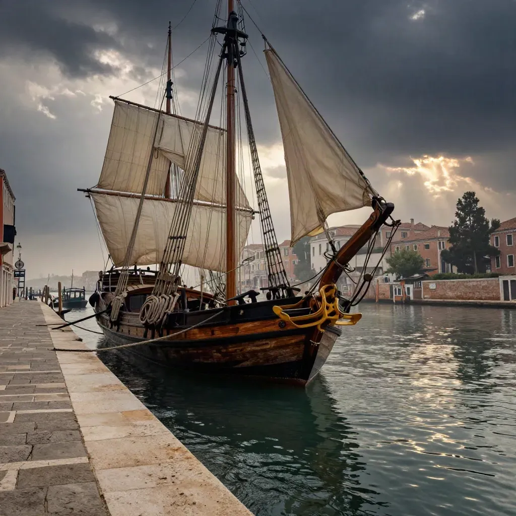 Velieri storici ormeggiati all'Arsenale di Venezia con luce sul canale e riflessi nell'acqua