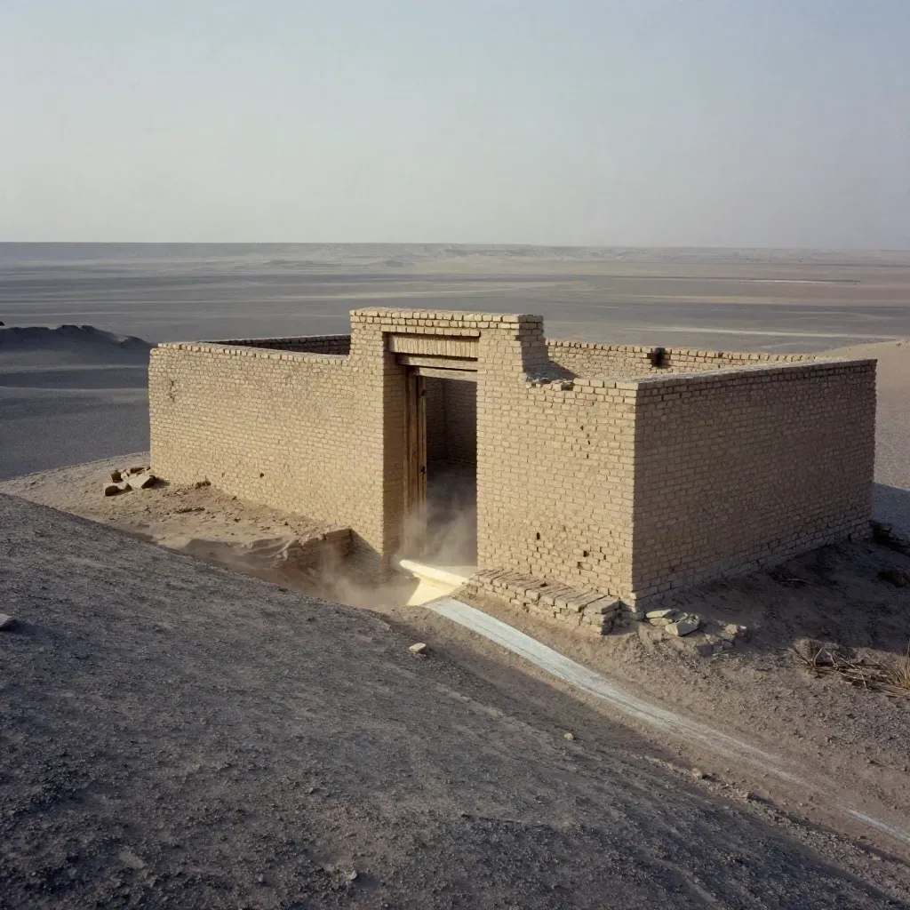 Caravanserraglio di mattoni crudi nel deserto, sabbia in ingresso e luce radente.