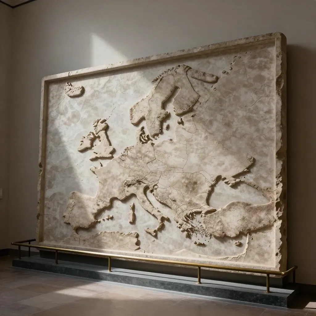 Rilievo cartografico dell’Europa in pietra in una sala museale quasi vuota, illuminato di taglio.