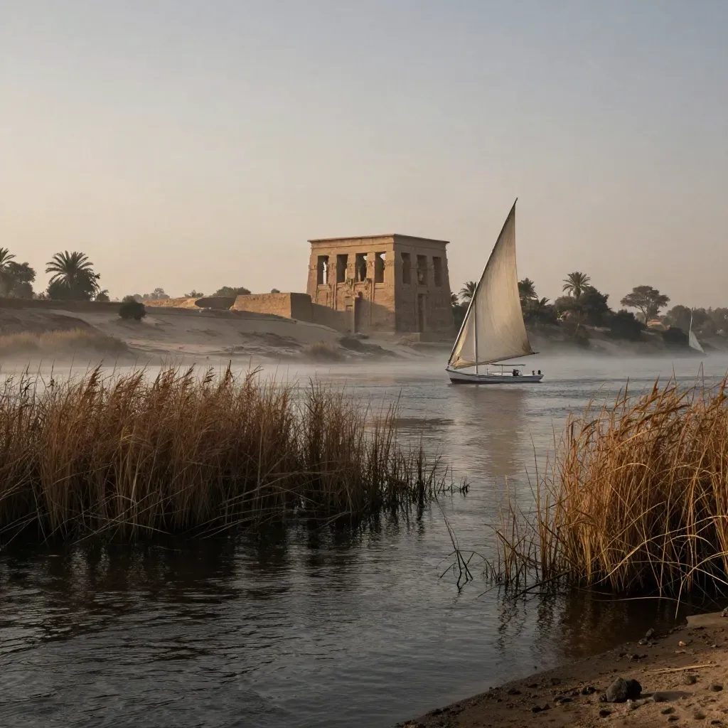 Il Nilo all’alba con tempio di pietra e barca a vela bianca nella foschia.