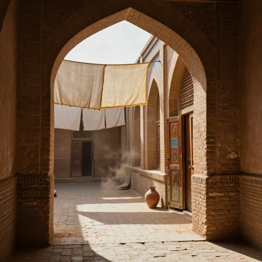 Vicolo di Samarcanda con archi in mattoni e teli chiari mossi dal vento nel caravanserraglio.