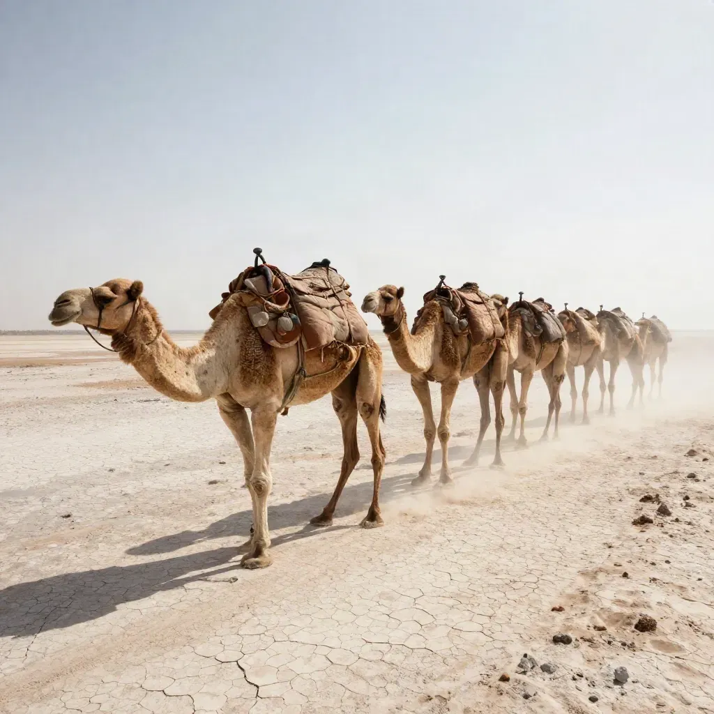Carovana di cammelli nel Sahel, polvere e calore sulla piana salata.