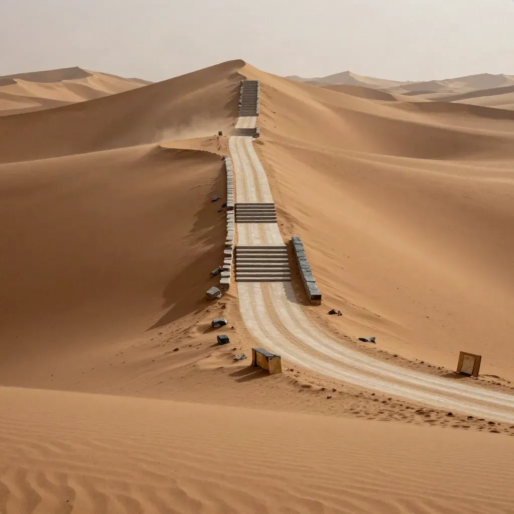 Pista carovaniera nel deserto tra dune alte e un antico passo di pietra
