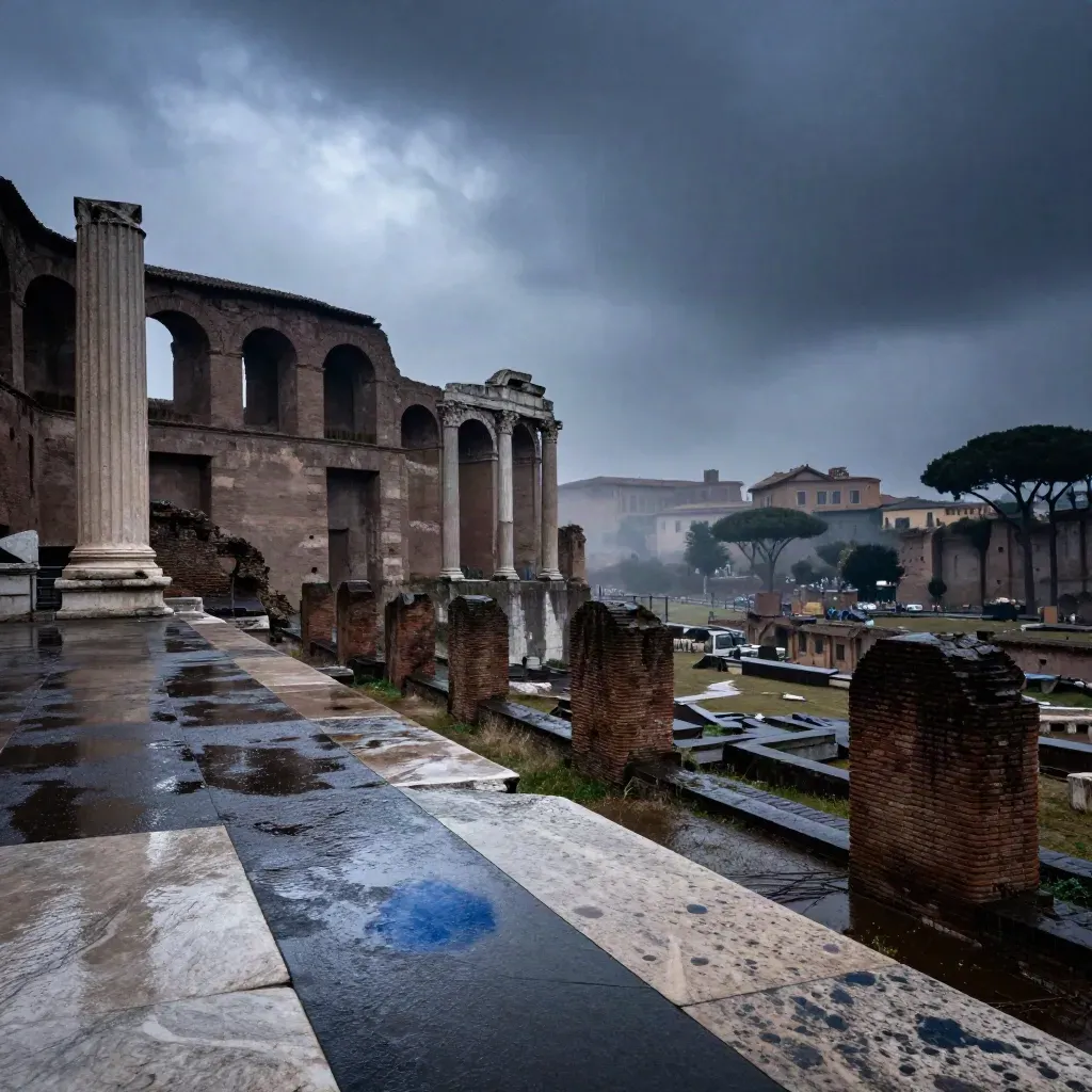 Il Foro Romano e il Palatino da una terrazza bagnata, con nuvole scure che si aprono.