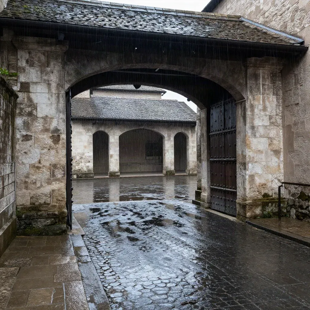 Porta castellana di pietra e ponte coperto, pioggia sui ciottoli verso il fossato.