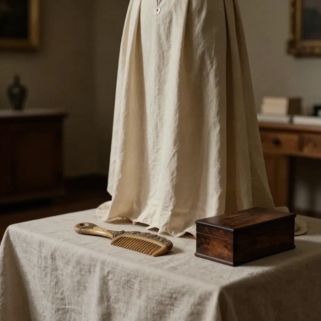 Manichino museale con abito antico, pettine ornamentale e scatola in legno, luce calda laterale.