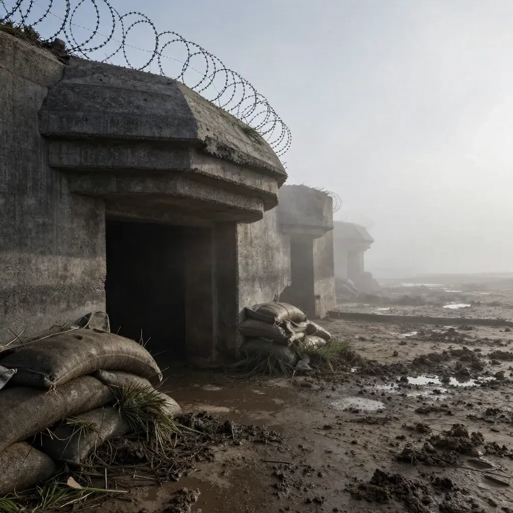 Bunker costiero in cemento tra filo spinato e nebbia salata su un fronte vuoto