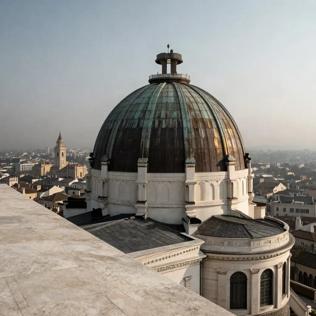 Cupola di osservatorio sopra palazzo di governo, skyline antico e cielo lattiginoso.