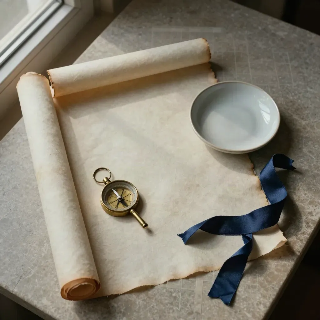 Rotolo di pergamena, bussola d’ottone, piattino chiaro e nastro blu su lastra di pietra.