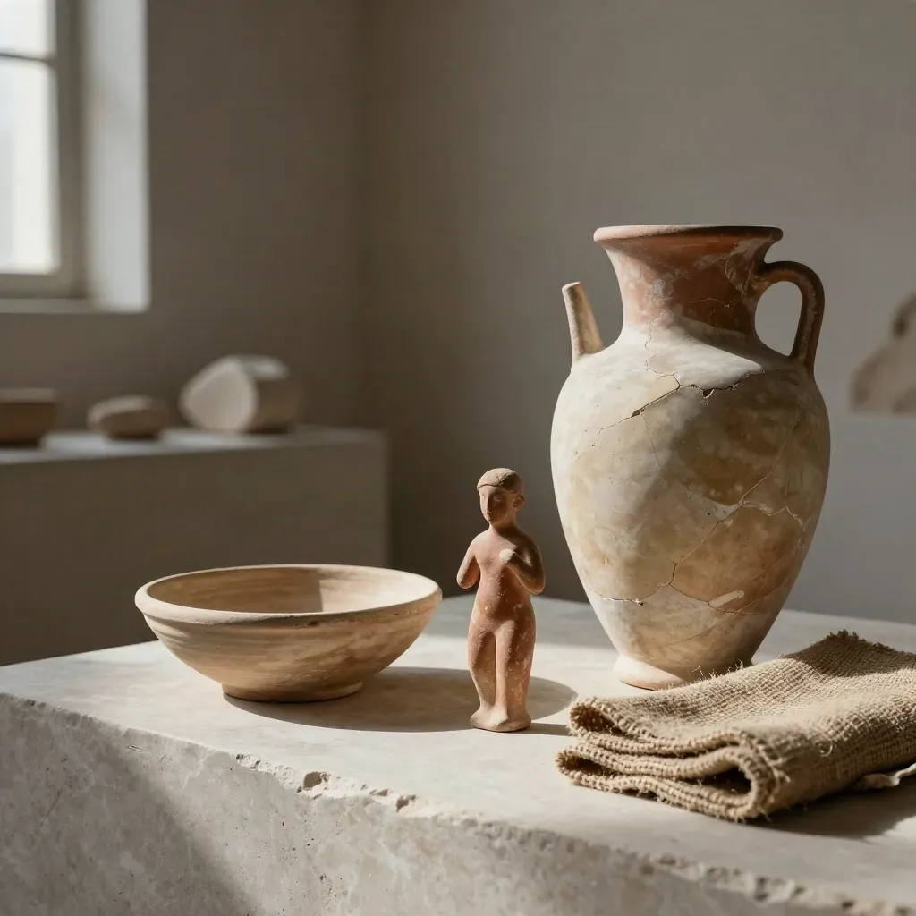 Frammento di vaso, statuetta in terracotta, ciotola d’argilla e tessuto di canapa su pietra chiara.