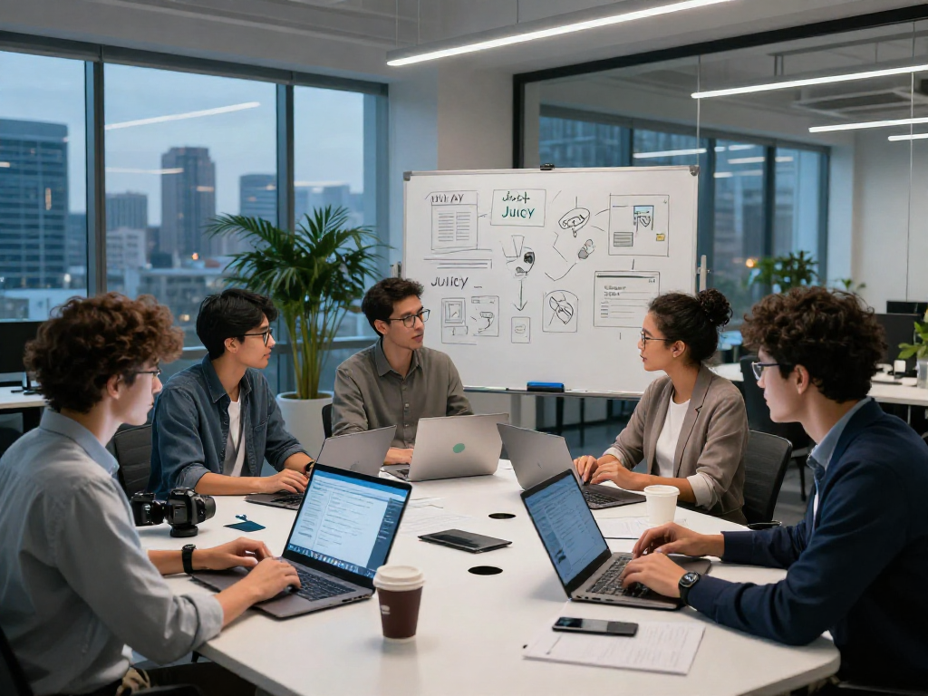Developers discussing Juicy ai applications in a modern tech workspace.