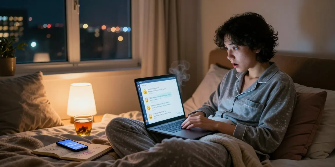Engaged in a free AI sex chat, a person enjoys a cozy, intimate moment in a warmly lit bedroom.