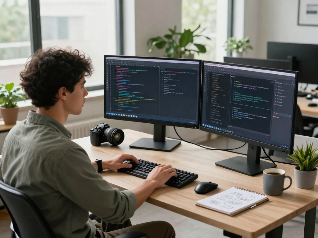 Engaging tech workspace with a developer utilizing hot chat ai for coding and chat interface design.