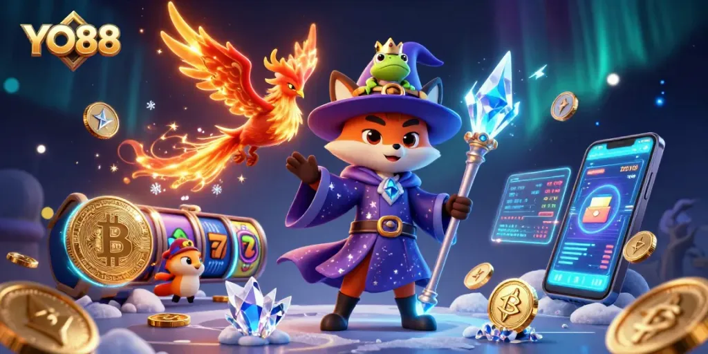 Experience thrilling action at YO88 with a mystical illustrated casino scene featuring a wizard, phoenix, and vibrant game elements.